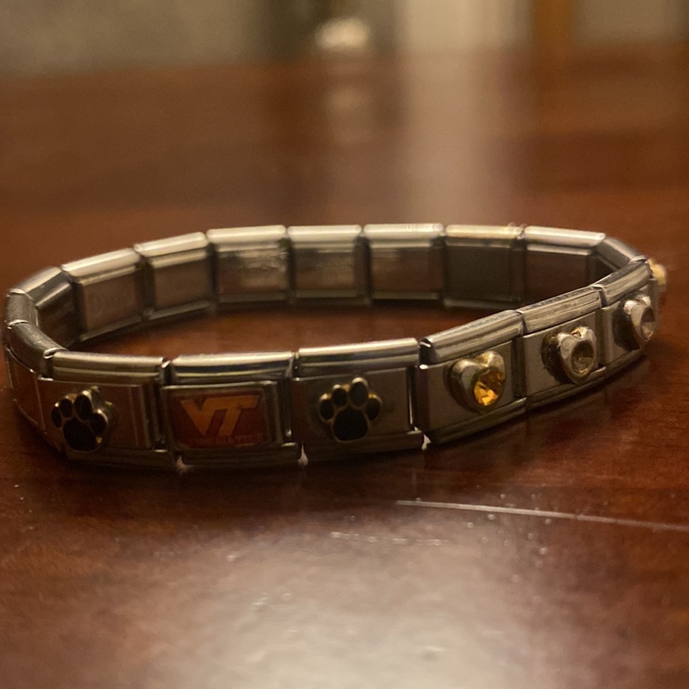 Stretchy on/off Metal Charm Bracelet with Tiles charms all the way around - Picture 2 of 4